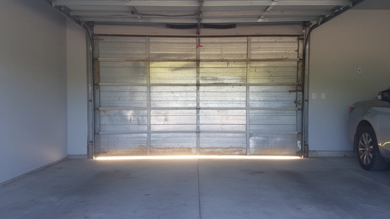 The closed metal garage door has a torsion spring and a car parked inside.