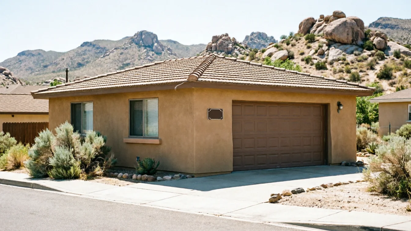 A tan house with a brown garage door sits in a desert landscape.