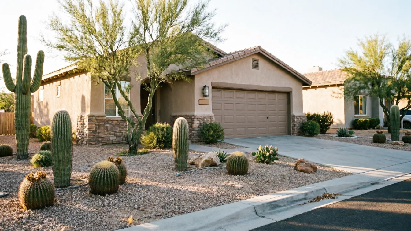 A tan house with a brown garage door and desert landscaping.