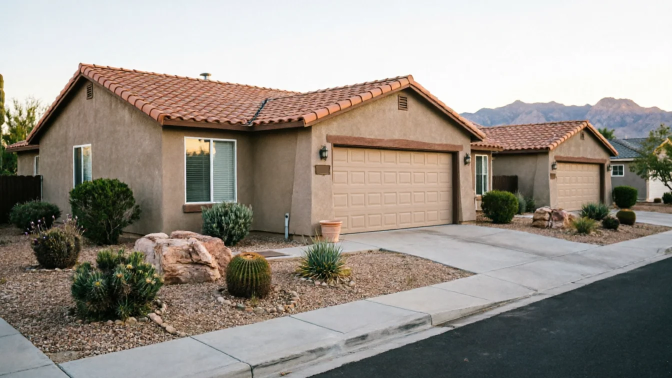 Two houses with tan garage doors and red tile roofs sit on a street.