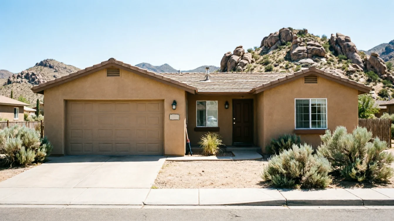 A tan house with a brown garage door sits in front of rocky hills.